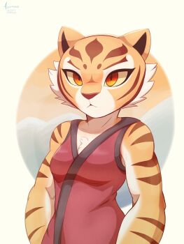 1girl :&lt; absurdres animal_ears animal_nose arms_at_sides artist_name azuretto bare_shoulders blush body_fur breasts brown_fur chinese_clothes closed_mouth collarbone colored_sclera female_focus furry furry_female highres kung_fu_panda light_blush multicolored_fur nose_blush orange_eyes orange_fur pixiv_username red_shirt shirt signature sleeveless sleeveless_shirt small_breasts solo standing striped_fur tiger_ears tiger_girl tigress_(kung_fu_panda) upper_body yellow_fur yellow_sclera