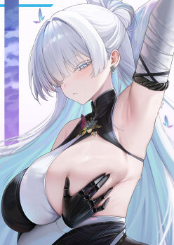 1girl abpart absurdres arm_up armpits bandaged_arm bandages bare_shoulders blue_hair blunt_bangs blush breasts breasts_out bug butterfly colored_eyelashes colored_inner_hair earrings gloves goddess_of_victory:_nikke grabbing_own_breast hair_bun highres insect jewelry large_breasts long_hair looking_at_viewer mechanical_arms multicolored_hair nayuta_(nikke) one_eye_closed paid_reward_available parted_lips presenting_armpit sideboob single_mechanical_arm solo two-tone_hair upper_body variant_set white_eyelashes white_eyes white_hair