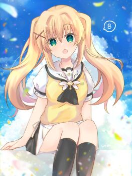 1girl absurdres arms_at_sides ascot black_ascot black_socks blonde_hair blue_sky blush cloud commentary_request cumulonimbus_cloud day episode_number eyes_visible_through_hair feet_out_of_frame floating_hair green_eyes hair_between_eyes hair_intakes hair_ornament happy highres kneehighs light_particles long_hair looking_at_viewer miniskirt on_cloud open_mouth outdoors puffy_short_sleeves puffy_sleeves sailor_collar school_uniform serafuku shirt short_sleeves sidelocks signature sitting skirt sky socks solo speech_bubble summer_pockets summer_pockets_school_uniform sweater_vest tsumugi_wenders twintails ura_(ura-tennislove) white_sailor_collar white_serafuku white_shirt white_skirt x_hair_ornament yellow_sweater_vest