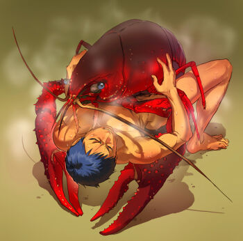 1boy animal aomine_daiki artist_self-insert bestiality blue_hair claws crayfish closed_eyes interspecies kuroko_no_basuke male_focus monster_on_male muscular okada_(okada_zari) oversized_animal rape sex solo steam sweat what whiskers