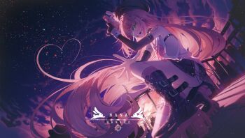 1girl absurdly_long_hair absurdres arm_belt belt belt_buckle black_belt black_boots black_hat black_skirt black_sleeves blue_sky boots buckle character_hat_ornament character_name cross-laced_clothes cross-laced_skirt detached_sleeves floating_hair from_side full_body green_eyes gun hair_ornament hairclip hanako_nana hand_up handgun hashtag-only_commentary hat hat_ornament headset highres holding holding_gun holding_weapon long_hair long_sleeves looking_at_viewer looking_to_the_side miniskirt mirrorapo_yemp night on_ground on_one_knee open_mouth outdoors peto_(hanako_nana) pink_hair pink_socks platform_boots pleated_skirt print_tank_top shoulder_tattoo sideways_glance skirt sky socks solo star_(sky) starry_sky stellive swimsuit tank_top tattoo very_long_hair virtual_youtuber weapon white_tank_top x_hair_ornament