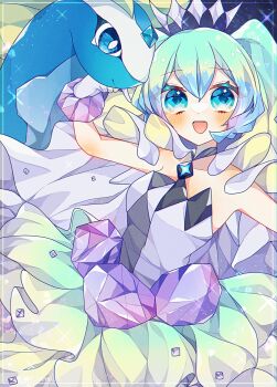1girl :d aqua_hair aurorus blue_background blue_eyes blue_gemstone bracelet cape corset diamond_(shape) diamond_choker dinosaur gem gen_6_pokemon gloves green_skirt grey_corset hatsune_miku highres jewelry long_hair looking_at_another looking_at_viewer multicolored_hair nintendo open_mouth pokemon pokemon_(creature) princess_dress project_voltage purple_gemstone rock_miku_(project_voltage) simple_background skirt smile to_camellia twintails upper_body vocaloid white_cape white_gloves