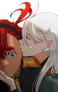 2girls absurdres ahoge asticassia_school_uniform blue_eyes closed_eyes closed_mouth commentary_request green_jacket gundam gundam_suisei_no_majo highres jacket kiss kissing_cheek korean_commentary long_hair miorine_rembran multiple_girls red_hair school_uniform simple_background snapagi suletta_mercury thick_eyebrows white_background white_hair yuri