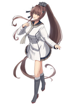 Rule 34 | 1girl, black sailor collar, boots, breasts, brown eyes, brown hair, commentary request, cosplay, dress, full body, hair ornament, highres, kantai collection, large breasts, long hair, long sleeves, looking at viewer, neckerchief, open mouth, ponytail, sailor collar, sailor dress, solo, very long hair, white background, yamato (kancolle), yuki 4040, yukikaze (kancolle), yukikaze (kancolle) (cosplay), yukikaze kai ni (kancolle), yukikaze kai ni (kancolle) (cosplay)