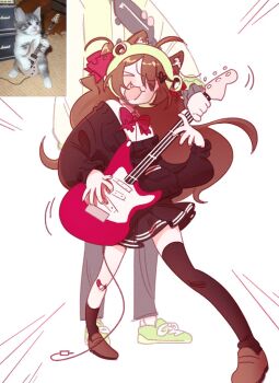 Rule 34 | > <, 1boy, 1girl, :3, ahoge, animal ears, asymmetrical legwear, bandaid, bandaid on knee, bandaid on leg, black jacket, black skirt, blush, bow, brown hair, brown shoes, cable, cat, cat ears, cat girl, closed eyes, commentary, electric guitar, emphasis lines, english commentary, evil neuro-sama, fangs, frog hat, green shoes, grey pants, guitar, head out of frame, highres, holding, holding guitar, holding instrument, instrument, jacket, koilccc, long hair, long sleeves, neuro-sama, open mouth, pants, photo-referenced, photo inset, red bow, red ribbon, reference inset, ribbon, shirt, shoes, simple background, skirt, smile, solo focus, standing, torn hair ribbon, uneven legwear, vedal987, vedal ai, virtual youtuber, white background, white shirt