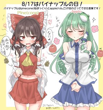 2girls absurdres anger_vein apple ascot bare_shoulders blue_skirt blush border bow breast_conscious breasts brown_hair clenched_hands closed_eyes closed_mouth commentary cowboy_shot detached_sleeves flower flying_sweatdrops food frilled_bow frilled_hair_tubes frilled_skirt frills frog_hair_ornament fruit green_hair hair_bow hair_ornament hair_tubes hakurei_reimu highres kochiya_sanae long_hair long_sleeves looking_at_viewer medium_breasts medium_hair midriff_peek miniskirt multiple_girls navel nontraditional_miko open_mouth outside_border own_hands_together pinecone pink_flower pleated_skirt red_bow red_eyes red_skirt red_vest revision ribbon-trimmed_sleeves ribbon_trim shirt single_hair_tube skirt sleeveless sleeveless_shirt small_breasts smile snake_hair_ornament sparkle standing sweatdrop touhou translated vest white_background white_shirt white_sleeves wide_sleeves yellow_ascot yellow_border youyume-kun