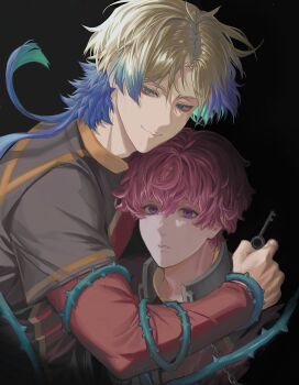 2boys black_background blonde_hair blue_eyes blue_lock byakuyablaise character_request highres holding holding_key hug key long_sleeves male_focus medium_hair michael_kaiser multicolored_hair multiple_boys parted_lips plant purple_eyes purple_hair soccer_uniform sportswear streaked_hair two-tone_hair vines