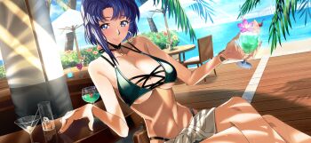 1girl alcohol artist_request bar_(place) bare_shoulders beach bikini black_choker blue_eyes blue_hair blue_sky blush bracelet breasts bush cecile_croomy chair cherry choker cleavage closed_mouth cocktail_glass code_geass code_geass:_lost_stories collarbone crossed_legs cup dappled_sunlight day drink drinking_glass drinking_straw drunk dutch_angle earrings female_focus flower food fruit game_cg green_bikini hands_up happy highleg highleg_bikini highres holding holding_drink holding_drinking_glass hoop_earrings horizon ice ice_cube jewelry large_breasts light_rays looking_at_viewer matching_hair/eyes multi-strapped_bikini_top multicolored_bikini nail_polish navel non-web_source ocean official_art olive on_chair orange_(fruit) orange_slice outdoors pink_flower red_flower red_nails sarong short_hair sidelocks sitting skindentation sky smile solo stomach sunlight sweat swimsuit table two-tone_bikini underboob white_sarong wooden_floor yellow_flower