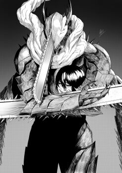 1boy 1girl absurdres asarizer chainsaw chainsaw_devil chainsaw_man closed_eyes commentary english_commentary greyscale hatching_(texture) highres holding holding_detached_head monochrome nayuta_(chainsaw_man) scarf severed_head sharp_teeth signature spoilers teeth
