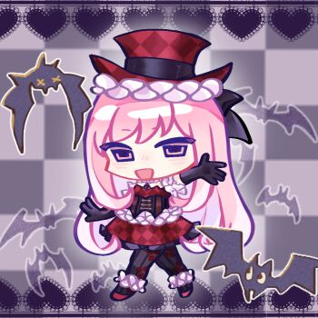 1girl argyle_clothes argyle_dress argyle_hat bat_(animal) black_background black_border black_bow black_corset black_gloves black_pantyhose border bow brown_corset brown_eyes checkered_background chibi chinese_commentary commentary_request corset detached_sleeves dress elbow_gloves floral_print frilled_anklet frilled_corset frilled_dress frilled_headwear frilled_sleeves frills gloves grey_background hair_bow haroi hat heart_border lace lace_border letterboxed light_blush long_hair miracle_nikki nikki_(nikki) nikki_(series) open_mouth ornate_border outline outside_border outstretched_arms pantyhose pink_hair print_pantyhose red_dress red_hat red_shoes shoes short_sleeves sidelocks smile solo straight_hair strapless strapless_dress striped_clothes striped_pantyhose top_hat two-tone_background two-tone_corset unmoving_pattern vertical-striped_clothes vertical-striped_pantyhose very_long_hair white_outline white_sleeves