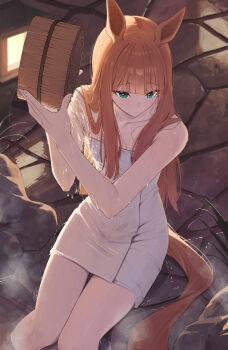 1girl animal_ears blue_eyes blush breasts bucket closed_mouth commentary_request highres holding holding_bucket horse_ears horse_girl horse_tail long_hair looking_at_viewer naked_towel ningen_gokko onsen orange_hair sidelocks silence_suzuka_(umamusume) sitting small_breasts solo tail towel umamusume