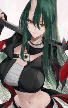 Rule 34 | 1girl, absurdres, arknights, black jacket, breasts, chest sarashi, commentary, crop top, cropped jacket, green hair, grey background, hair between eyes, highres, holding, holding sword, holding weapon, horns, hoshiguma (arknights), hoshiguma the breacher (arknights), jacket, kajuu, large breasts, long hair, looking at viewer, midriff, navel, open clothes, open jacket, sarashi, sheath, signature, simple background, single horn, skin-covered horns, solo, sword, upper body, weapon, yellow eyes