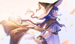 Rule 34 | 1girl, absurdres, black ribbon, bloom, blue eyes, blue hair, braid, brown cloak, capelet, cloak, closed mouth, es limi, from behind, hair ribbon, hat, highres, holding, holding staff, jacket, long bangs, looking at viewer, looking back, mage staff, mushoku tensei, ribbon, roxy migurdia, smile, solo, staff, twin braids, upper body, white capelet, white jacket, witch hat