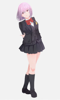 1girl a_(c3einycggcevevf) absurdres black_boots black_jacket black_shirt boots bow bowtie buttons collared_shirt commentary full_body gridman_universe highres jacket looking_at_viewer purple_hair red_bow red_bowtie red_eyes school_uniform shinjou_akane shirt short_hair smile solo ssss.gridman standing teeth translation_request white_background white_shirt
