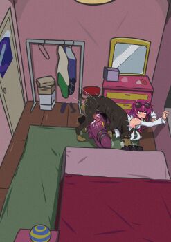 1boy 1futa absurdres ahegao anal animal_penis bar_censor bed bedroom bestiality blush breasts censored clothed_sex deep_penetration dog dog_penis doggystyle erection futa_with_male futanari highres honkai:_star_rail honkai_(series) jiggle kafka_(honkai:_star_rail) knotted_penis knotting large_breasts penis rolling_eyes sex sex_from_behind sunglasses sunglasses_on_head tongue tongue_out umikaze