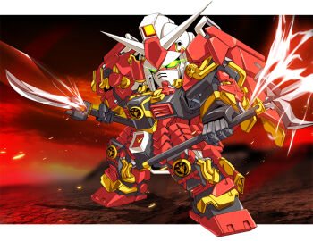 armor dual_wielding green_eyes gundam gundam_musou holding musha_gundam polearm samurai sd_gundam spear trident weapon zb_(dawn-blue)