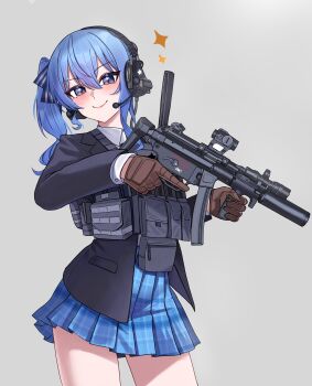 1girl absurdres blue_eyes blue_hair chrispy_tuna closed_mouth collared_shirt gun h&amp;k_mp5 hair_between_eyes highres holding holding_gun holding_weapon hololive hoshimachi_suisei jacket long_hair long_sleeves magazine_(weapon) necktie original school_uniform shirt skirt star_(symbol) star_in_eye submachine_gun symbol_in_eye tactical_clothes trigger_discipline virtual_youtuber weapon white_shirt