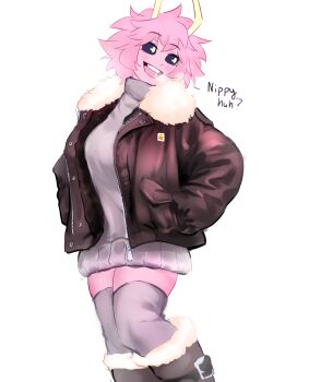 Rule 34 | 1girl, absurdres, ashido mina, black sclera, boku no hero academia, boots, breath, brown coat, carhartt, coat, cold, colored sclera, colored skin, commentary, cropped legs, english commentary, english text, fur-trimmed boots, fur-trimmed collar, fur trim, hands in pockets, hhholic, highres, horns, looking back, messy hair, open clothes, open coat, open mouth, pink hair, pink skin, skindentation, solo, sweater, teeth, thighhighs, turtleneck, turtleneck sweater, upper teeth only, white background, white sweater, yellow eyes, yellow horns