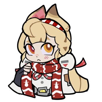 1girl alice_thymefield animal_ears black_gloves blonde_hair bow commentary english_commentary gloves hair_bow hairband heterochromia orange_eyes rabbit_ears red_scarf scarf shirt simple_background solo spookshacks striped_clothes striped_hairband upper_body white_background white_shirt yellow_eyes zenless_zone_zero