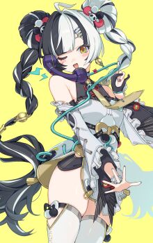 1girl absurdres ahoge aqua_nails bare_shoulders black_gloves black_hair braid breasts corded_phone detached_sleeves dialyn_(zenless_zone_zero) earrings fingerless_gloves gloves hair_ornament hairclip highres jewelry looking_at_viewer medium_breasts multicolored_hair multicolored_nails one_eye_closed open_mouth orange_nails phone smile solo thighhighs thighs twin_braids two-tone_hair white_hair white_thighhighs yellow_background yellow_eyes zenless_zone_zero