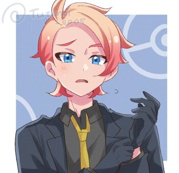 1boy black_gloves black_shirt blue_eyes collared_shirt gloves gradient_hair hair_behind_ear jacket lapels layered_sleeves long_sleeves male_focus multicolored_hair necktie nintendo notched_lapels open_clothes open_jacket open_mouth outside_border pink_hair pokemon pokemon_legends:_z-a shirt short_hair solo suit_jacket tutanai twitter_username upper_body urbain_(pokemon) wing_collar yellow_necktie