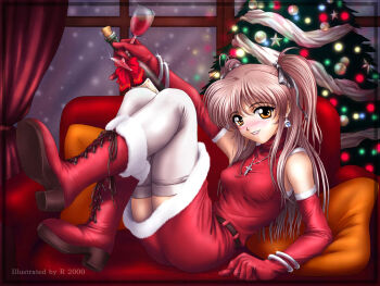1girl alcohol blush boots bottle christmas christmas_tree couch cross cross_necklace cup drink drinking_glass earrings elbow_gloves female_focus gloves hair_ribbon holidays indoors jewelry lace-up_boots latin_cross looking_at_viewer necklace orange_eyes original pillow r's_wallpaper_studio red_boots red_gloves ribbon santa_costume solo thighhighs twintails two_side_up white_thighhighs window wine wine_glass