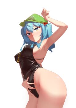 1girl absurdres black_one-piece_swimsuit blue_eyes blue_hair blush breasts closed_mouth commentary flat_cap green_hat hair_bobbles hair_ornament hat highres jian_wei_xiao_shi_pian kawashiro_nitori key looking_at_viewer medium_breasts medium_hair one-piece_swimsuit simple_background solo swimsuit touhou two_side_up white_background