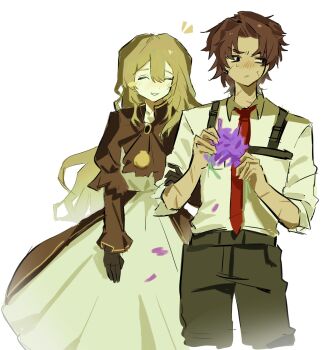 Rule 34 | 1boy, 1girl, ^ ^, ascot, black eyes, black pants, blush, brown ascot, brown dress, brown hair, chest harness, closed eyes, collared shirt, cowboy shot, dress, flower, harness, hashtag-only commentary, heathcliff (project moon), highres, holding, holding flower, limbus company, long hair, looking to the side, metalqq01, necktie, open mouth, pants, project moon, purple flower, red necktie, scar, scar on face, shirt, sidelocks, smile, white shirt