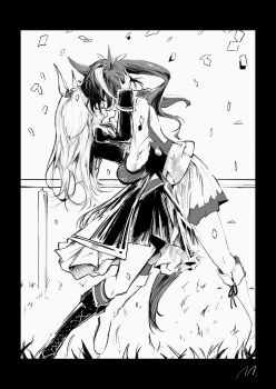 2girls absurdres animal_ears arm_behind_another's_back bow commentary_request confetti ear_bow grass greyscale hand_on_another's_head high_ponytail highres horse_ears horse_girl horse_tail hug jacket leaning_back long_hair long_sleeves mejiro_mcqueen_(frontline_elegance)_(umamusume) mejiro_mcqueen_(umamusume) monochrome multicolored_hair multiple_girls pleated_skirt ponytail railing ringring_(artist) skirt smile streaked_hair tail tokai_teio_(peak_joy)_(umamusume) tokai_teio_(umamusume) umamusume yuri