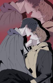 Rule 34 | 2boys, aoyagi touya, black jacket, blue hair, blush, ear piercing, green eyes, grey eyes, highres, hood, hoodie, imminent kiss, jacket, long sleeves, looking at another, male focus, multicolored hair, multiple boys, open clothes, open jacket, orange hair, parted lips, piercing, project sekai, shinonome akito, split-color hair, sweatdrop, touakiisreal, yaoi, yellow hoodie