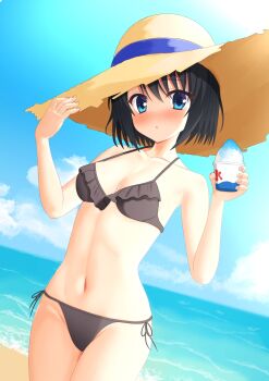 1girl absurdres backlighting bikini black_bikini black_hair blue_eyes blue_sky blush breasts cloud collarbone commentary_request cowboy_shot day dutch_angle eyes_visible_through_hair flower food frilled_bikini frills groin hair_between_eyes hair_flower hair_ornament hand_on_headwear hands_up hareringo hat highres looking_at_viewer medium_breasts navel ocean original outdoors parted_lips shaved_ice short_hair side-tie_bikini_bottom sky solo stomach straw_hat swimsuit