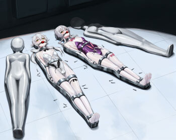 2girls absurdres animal_ear_hairband animal_ears arms_at_sides ball_gag bdsm black_bow black_bowtie blue_eyes bow bowtie breasts character_request check_copyright copyright_request detached_collar eiyuu_densetsu fake_animal_ears full_body gag gagged green_eyes grey_hair hairband hajimari_no_kiseki heterochromia highres immobilization kumachi_(aikawaakeya) leotard looking_at_viewer lying medium_breasts multiple_girls on_back on_floor pantyhose pink_bow pink_bowtie playboy_bunny purple_leotard rabbit_ears strapless strapless_leotard unworn_hairband variant_set white_leotard white_pantyhose wiffle_gag yellow_eyes