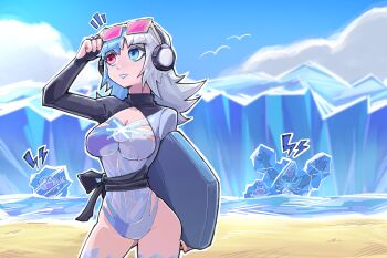 2girls absurdres blue_eyes blue_hair breasts briar_(league_of_legends) cleavage hebinalmeog highres jeff_(marvel) large_breasts league_of_legends long_hair long_tongue looking_at_viewer luna_snow luna_snow_(cool_summer) marvel marvel_rivals monster_boy multicolored_hair multiple_girls official_alternate_costume one-piece_swimsuit sharp_teeth smile spider-man_(series) split-color_hair sunglasses swimsuit symbiote teeth tongue two-tone_hair venom_(marvel) very_long_tongue white_hair