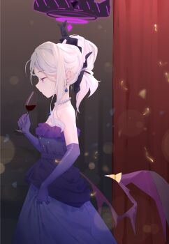 Rule 34 | 1girl, absurdres, alcohol, bare shoulders, black halo, black horns, black ribbon, black wings, blue archive, breasts, chinese commentary, commentary, commentary request, cowboy shot, cup, curtains, demon girl, demon horns, demon wings, dress, drinking glass, earrings, elbow gloves, english commentary, evening gown, formal clothes, frilled dress, frills, from side, gloves, hair between eyes, hair ribbon, halo, hand up, highres, hina (blue archive), hina (dress) (blue archive), holding, holding cup, horns, indoors, jewelry, long hair, low wings, mixed-language commentary, necklace, official alternate costume, official alternate hairstyle, parted lips, pearl necklace, profile, purple dress, purple eyes, purple gloves, ribbon, sidelocks, small breasts, solo, strapless, strapless dress, white hair, wine, wine glass, wings, yuxue (snoain yyk)