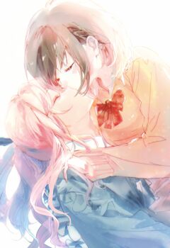 2girls akiyama_mizuki blush bow bowtie brown_hair closed_mouth collared_shirt hand_on_another&#039;s_shoulder hashtag-only_commentary highres jonna36564610 kiss long_hair long_sleeves multiple_girls pink_hair project_sekai ribbon school_uniform shinonome_ena shirt short_hair side_ponytail sidelocks simple_background white_background white_shirt yuri