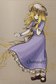 Rule 34 | 1girl, absurdres, artist name, back bow, blonde hair, bow, churros99, closed mouth, collared dress, commentary, contrast collar, dress, frilled dress, frilled shirt collar, frilled wrist cuffs, frills, grey background, half-closed eyes, hand on own chest, hat, highres, long dress, long hair, maribel hearn, mob cap, purple dress, red shoes, sash, shoes, short sleeves, smile, socks, solo, standing, touhou, untranslatable commentary, white bow, white hat, white sash, white socks, wrist cuffs, yellow eyes