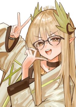 1girl :d arknights bespectacled black-framed_eyewear black_choker blush brown_eyes brown_hair choker coat commentary double_v elf glasses grey_coat ha_(huton_in_mach) hands_up highres infection_monitor_(arknights) laurel_crown long_hair looking_at_viewer muelsyse_(arknights) open_mouth pointy_ears portrait simple_background smile solo teeth upper_teeth_only v v-shaped_eyebrows white_background wide_sleeves