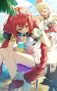 2girls absurdres alice_thymefield alice_thymefield_(sea_of_thyme) animal_ears blonde_hair blush bow braid breasts closed_eyes commentary cup drinking_glass drinking_straw drinking_straw_in_mouth eyewear_on_head green_eyes hair_bow hair_ornament heart heart-shaped_eyewear highres holding holding_cup long_hair maeru medium_breasts multiple_girls open_mouth outdoors rabbit_ears rabbit_girl red_hair sand sitting sphere_hair_ornament twin_braids two-tone_one-piece_swimsuit ukinami_yuzuha ukinami_yuzuha_(tanuki_in_broad_daylight) white_bow zenless_zone_zero