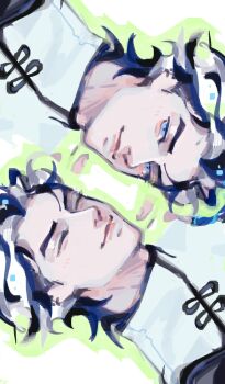 1boy 33yun blue_eyes closed_eyes closed_mouth commentary english_commentary highres lips male_focus multicolored_hair original portrait purple_hair ribbon short_hair smile two-tone_hair white_hair