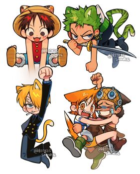 Rule 34 | > <, 1girl, 2025, 4boys, animal ears, arm up, bare shoulders, black hair, black jacket, black pants, blonde hair, blue pants, blue shorts, brown overalls, cat ears, cat tail, cigarette, closed eyes, commentary request, curly eyebrows, devil fruit power, earrings, extendable limbs, facial scar, goggles, goggles on headwear, gomu gomu no mi, green hair, hair over one eye, haramaki, hat, highres, holding, holding sword, holding weapon, hug, jacket, jewelry, katana, ki2ri5, long nose, miniskirt, monkey d. luffy, mouth hold, multiple boys, nami (one piece), nami (one piece) (east blue), one piece, open mouth, orange hair, overalls, pants, red vest, roronoa zoro, sandals, sanji (one piece), scar, scar on cheek, scar on face, scared, sharp teeth, shirt, shorts, simple background, skirt, straw hat, straw hat pirates, suit jacket, sword, tail, tears, teeth, twitter username, usopp, vest, weapon, white background, white shirt