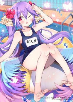 1girl blue_wings bug butterfly copyright_notice feathered_wings flower glowing_butterfly hair_flower hair_ornament innertube insect kalavinka_(z/x) long_hair multicolored_wings name_tag official_art on_innertube one_eye_closed open_mouth pink_wings pool purple_hair purple_wings red_eyes red_flower satsuki_mayuri school_swimsuit solo sparkle swim_ring swimsuit twintails water_drop wings z/x