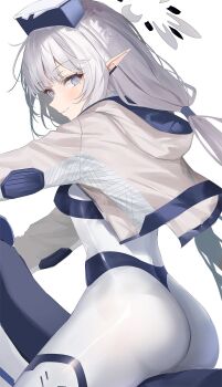 1girl ass blue_archive blush bodysuit commentary earclip from_side grey_eyes halo hazuki_yuzuru head-mounted_display highres himari_(armed)_(blue_archive) himari_(blue_archive) hood hood_down jacket long_hair looking_at_viewer looking_to_the_side low-tied_long_hair mole mole_under_eye motor_vehicle motorcycle multicolored_halo official_alternate_costume on_motorcycle pointy_ears simple_background smile solo two-tone_halo white_background white_bodysuit white_hair white_halo