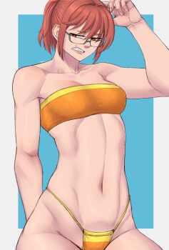 Rule 34 | 1girl, absurdres, breasts, brown eyes, clenched teeth, glasses, highres, kobayashi-san chi no maidragon, kobayashi (maidragon), limn044, ponytail, red hair, small breasts, swimsuit, teeth