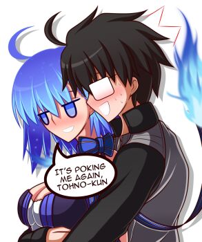 1boy 1girl absurdres ahoge black_dress black_hair black_jacket blue_eyes blue_fire blue_hair blush breasts c.i.e.l_(fate) ciel_(tsukihime) cleavage dress english_text fate/grand_order fate_(series) fire hetero highres hug hug_from_behind jacket nervous_sweating sakurello short_hair speech_bubble star_ciel_(fate) sweat tohno_shiki tsukihime tsukihime_(remake)