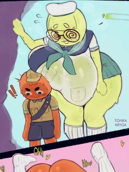 1boy 1girl @_@ blunt_bangs borrowed_character breasts colored_skin freckles glasses green_skin height_difference huge_breasts implied_sex mating_press orange_skin peak_(game) peak_scout_(okdudelisten) round_eyewear sash scout_(peak) scout_uniform sex sweat tall_female tonka_kryga wet wet_clothes