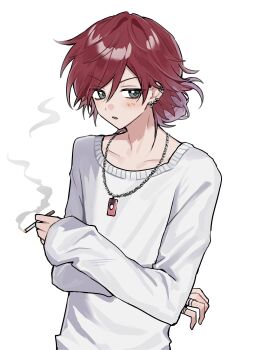 1boy absurdres alternate_costume cigarette crossed_arms ear_piercing green_eyes hair_between_eyes hair_bun hashtag-only_commentary highres holding holding_cigarette jewelry lauren_iroas looking_to_the_side male_focus multiple_rings necklace nijisanji open_mouth piercing red_hair ring shirt simple_background smoke smoke_trail smoking solo toya07144 upper_body virtual_youtuber white_background white_shirt
