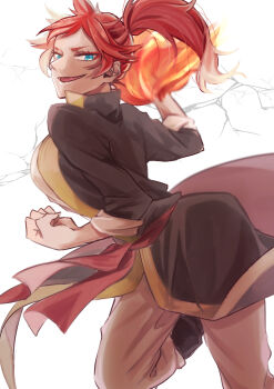 Rule 34 | 1girl, absurdres, black clover, black coat, blue eyes, clenched hand, coat, fighting stance, flaming hand, highres, mereoleona vermillion, open mouth, orange hair, pants, ponytail, red sash, sash, shirt, smile, solo, wagiri kyom, white background, white pants, white shirt