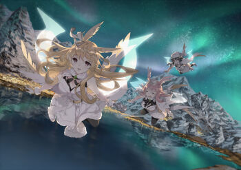 3girls aurora black_eyes black_hair black_legwear blonde_hair breasts closed_mouth dress fate/grand_order fate_(series) flying gloves hair_between_eyes hair_ribbon hat hildr_(fate) jewelry lake long_hair looking_at_viewer mono_(freerotary) mountain multiple_girls necklace night night_sky open_mouth ortlinde_(fate) pointy_ears reflection ribbon sky smile snow_mountain thighhighs thrud_(fate) valkyrie_(fate) white_dress white_gloves white_headwear wings yellow_eyes