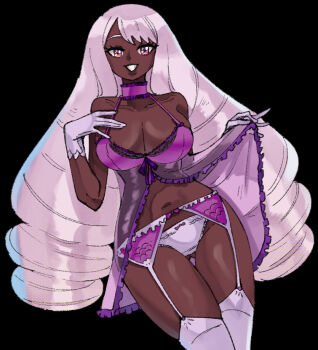 1girl babydoll babydoll_lift bra breasts dark-skinned_female dark_skin drill_hair garter_belt garter_straps gloves gluteal_fold halterneck jacinthe_(pokemon) lace lace-trimmed_babydoll lace-trimmed_bra lace-trimmed_garter_belt lace-trimmed_panties lace_trim large_breasts lingerie looking_at_viewer low_drills nintendo panties pokemon pokemon_legends:_z-a purple_babydoll purple_bra purple_gloves purple_hair purple_panties purple_thighhighs see-through_clothes smile solo thighhighs twin_drills underwear very_dark_skin wanderjegson