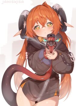 1girl :&lt; absurdres black_jacket blush closed_mouth commentary dragon_girl dragon_horns dragon_tail english_commentary green_eyes gun highres holding_own_tail horns jacket kisahuiisa long_hair looking_at_viewer magus_(zenless_zone_zero) mechanical_tail orphie_magnusson pointy_ears red_hair smoke smoking_barrel solo tail twintails very_long_hair weapon zenless_zone_zero